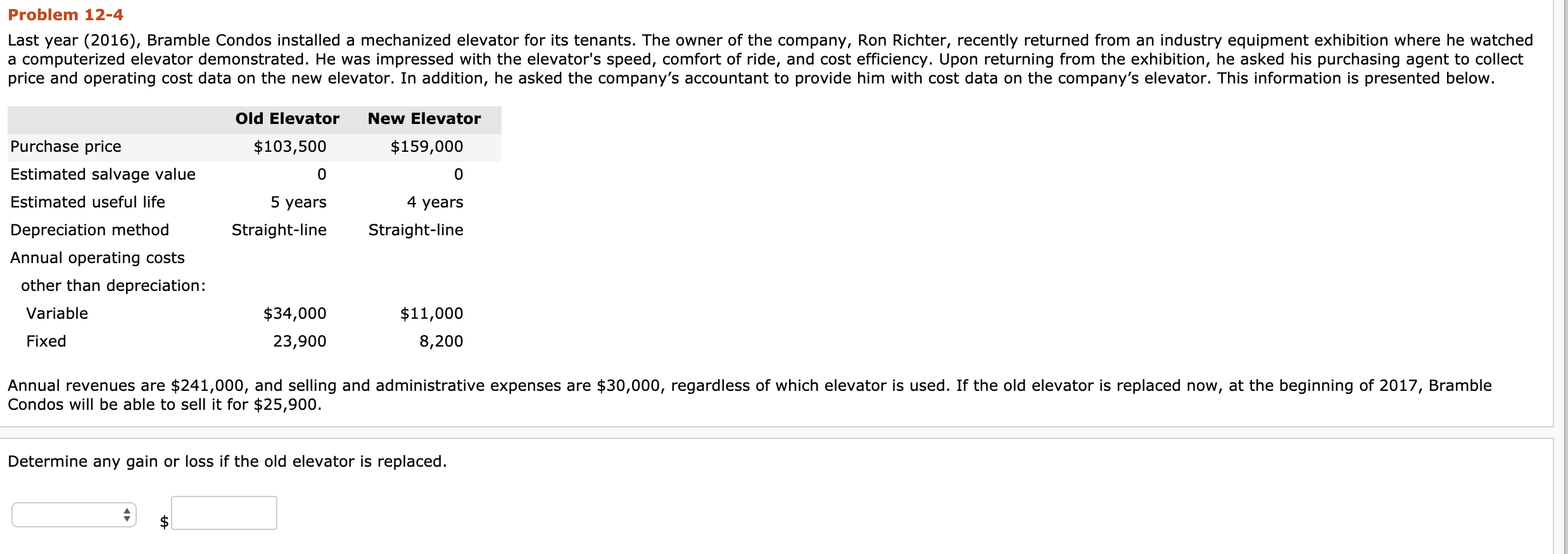 Problem 12-4 Last year (2016), Bramble Condos installed a mechanized elevator