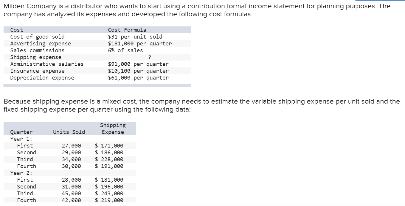  Required: 1. Using the high-low method, estimate a cost formula for