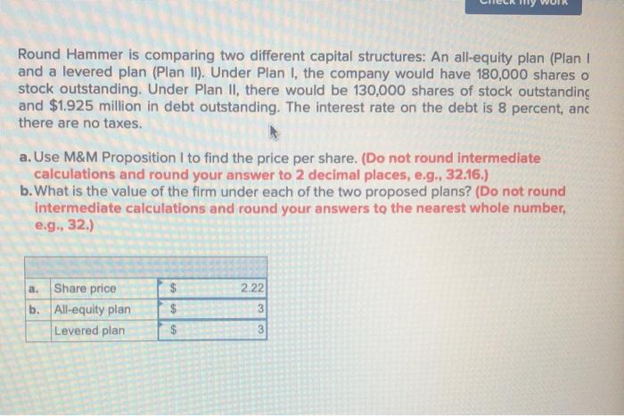  Round Hammer is comparing two different capital structures: An all-equity plan