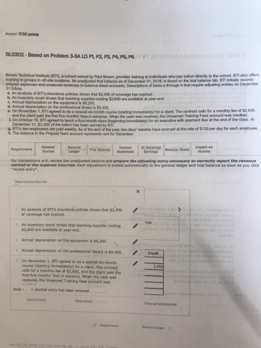  Award: 17:50 points GL0302-Based on Problem 3-3A LO PL, P2, P3,