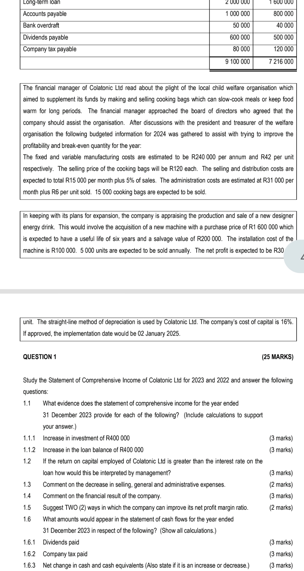  \table[[Accounts payable,2000000,1600000],[Bank overdraft,1000000,800000],[Dividends payable,50000,40000],[Company tax payable,600000,500000],[,80000,120000]] The financial manager of Colatonic