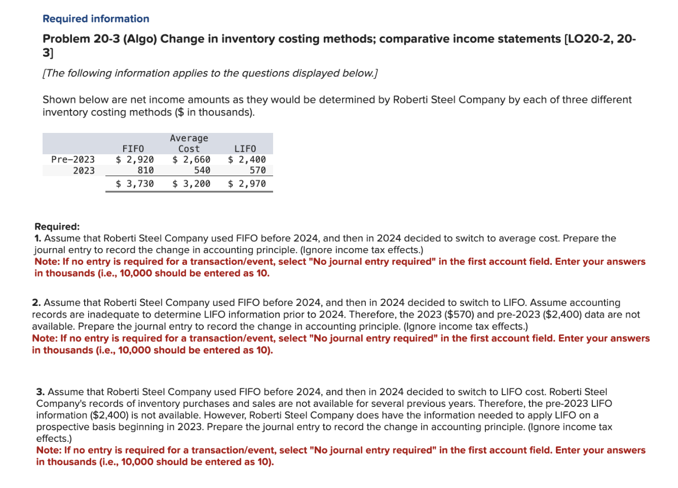  Required information Problem 20-3(Algo) Change in inventory costing methods; comparative income