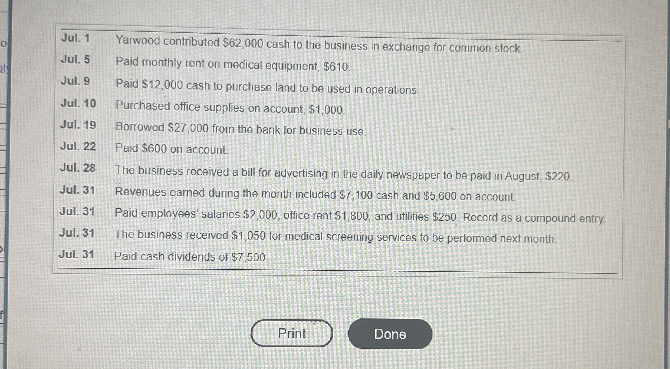  July 1: Yarwood contributed $62,000 cash to the business in exchange