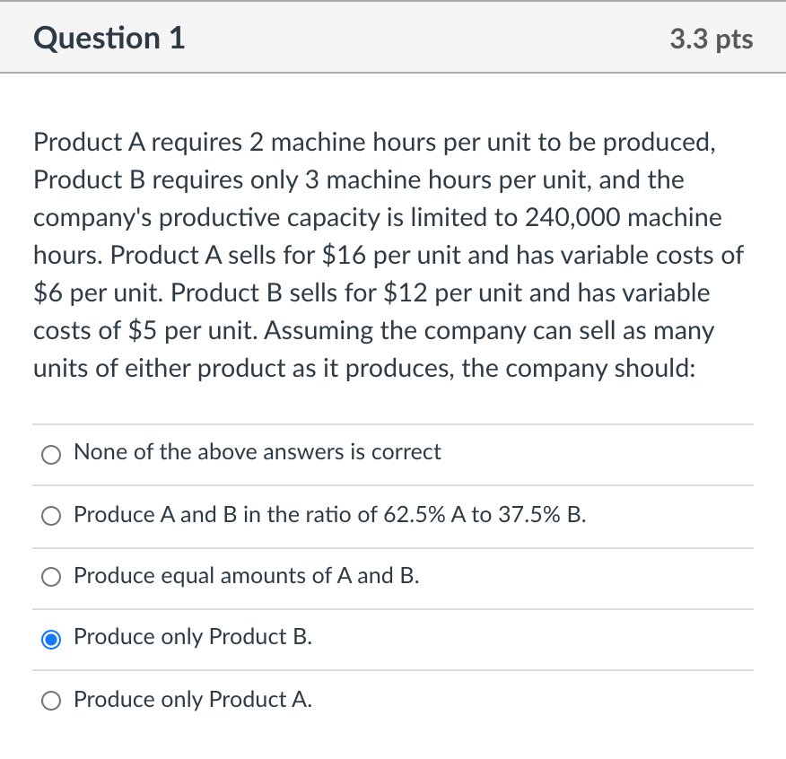  Question 1 3.3 pts Product A requires 2 machine hours per