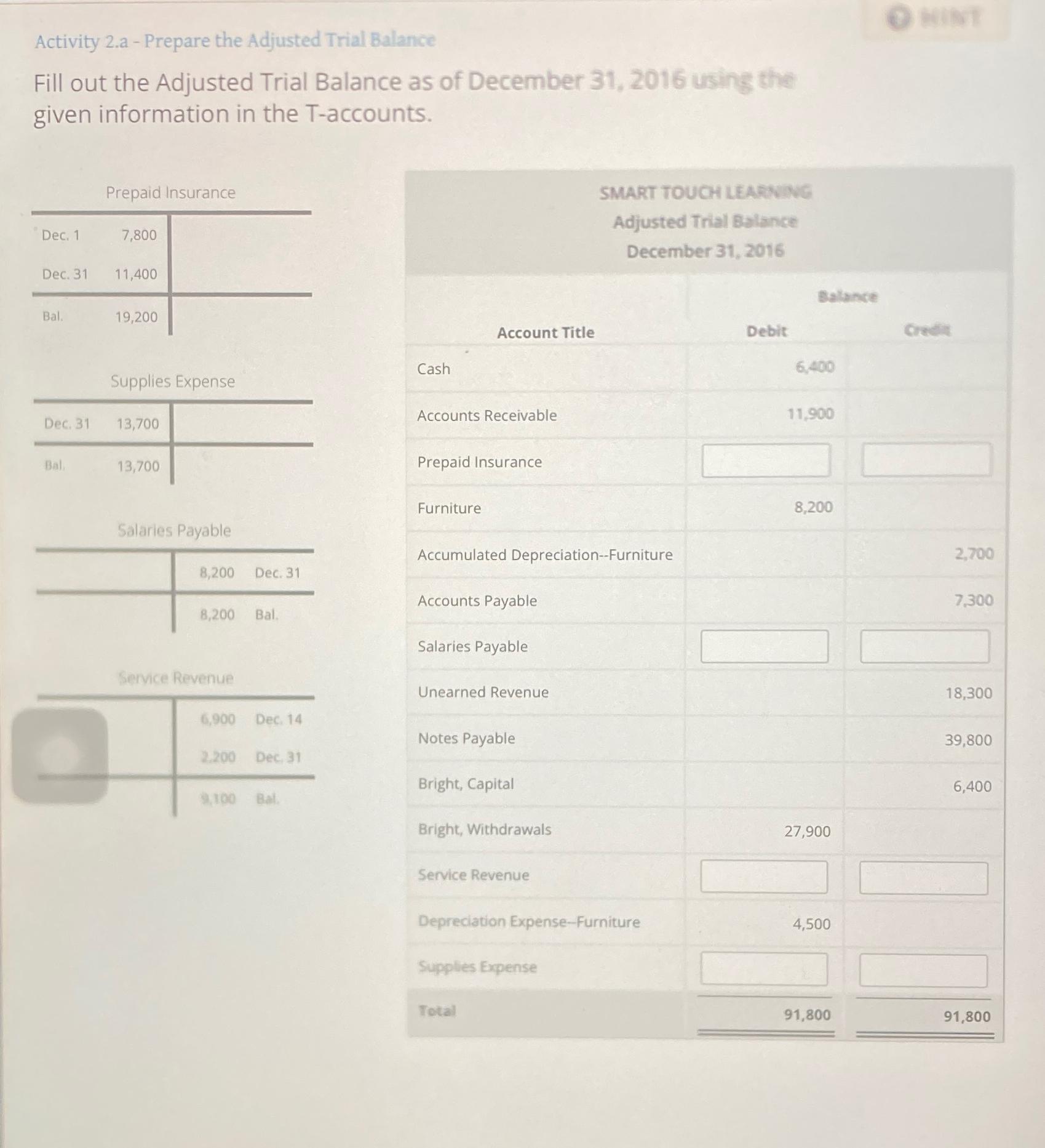  Activity 2.a - Prepare the Adjusted Trial Balance Fill out the