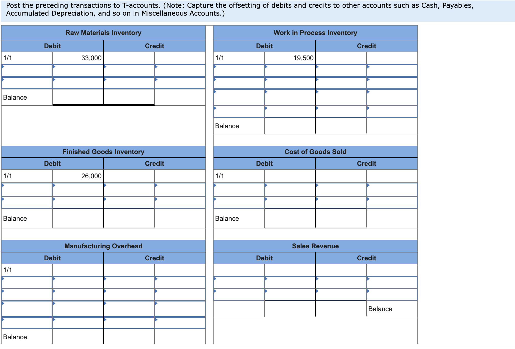 Post the preceding transactions to T-accounts. (Note: Capture the offsetting of