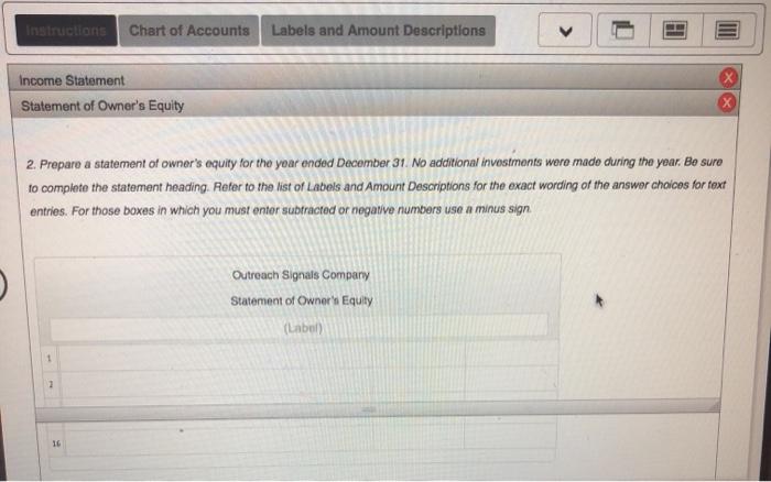 statement 2. Prepare a statement of owner's equity for the year ended