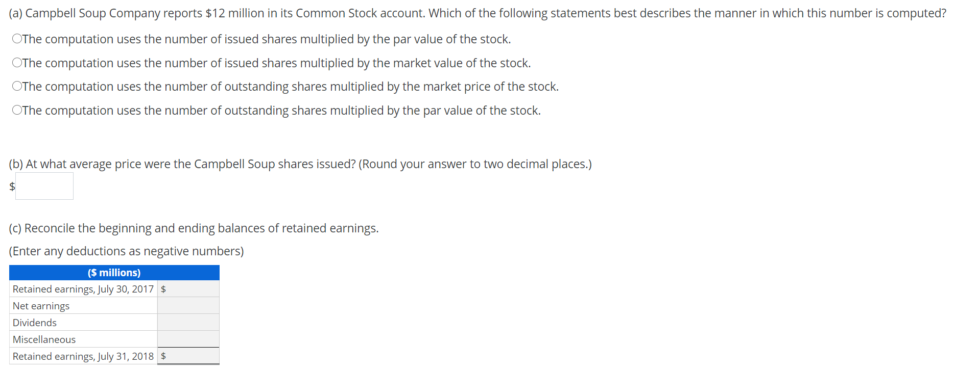 Cost Following is the stockholders' equity section from the Campbell Soup Company