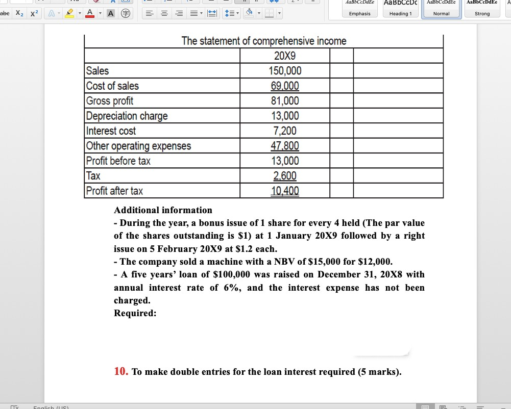 Emphasis Normal Strong The following statement of financial position and statement of