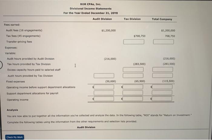 into two profit centers the Audit Division and the Tax Division. Each