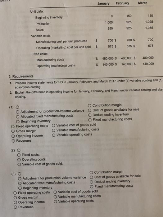 Manufacturing cost per unit produced Operating (marketing) cost per unit sold Fixed