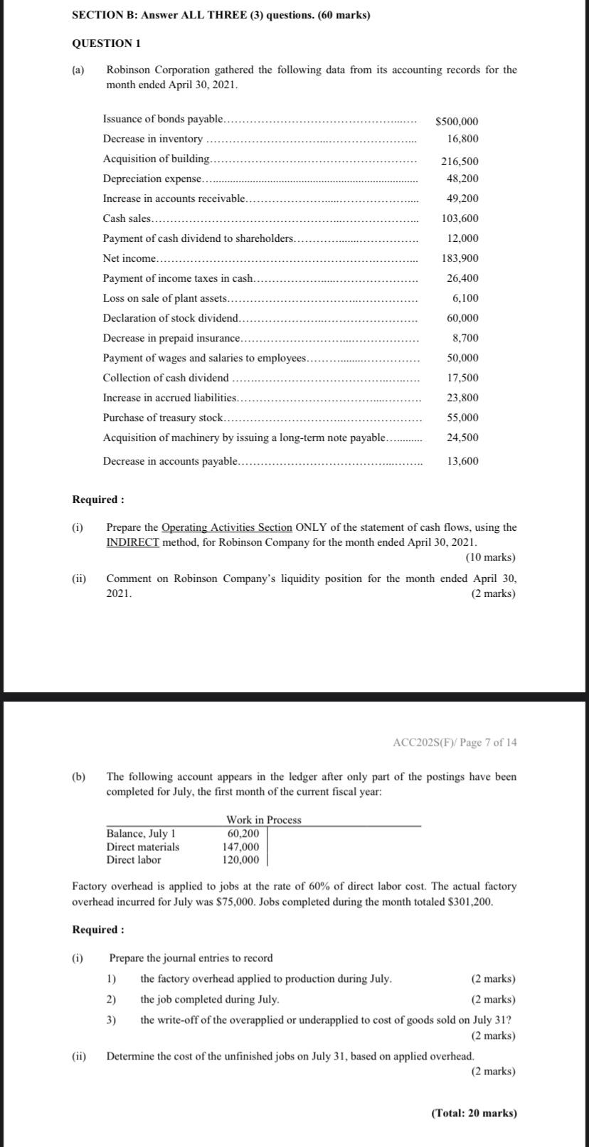 SECTION B: Answer ALL THREE (3) questions. (60 marks) QUESTION 1
