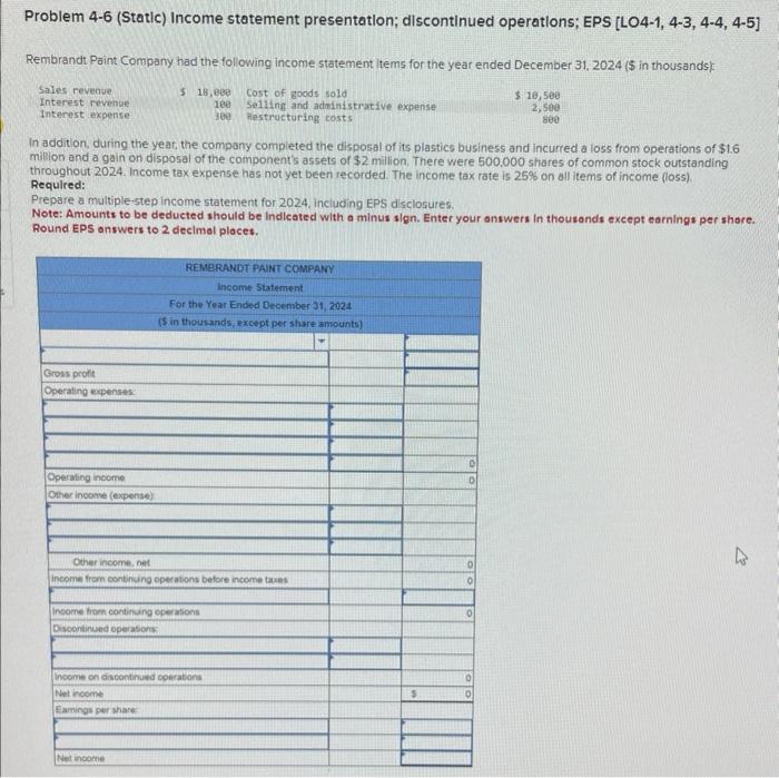  Problem 4-6 (Static) Income statement presentation; discontinued operations; EPS [LO4-1, 4-3,