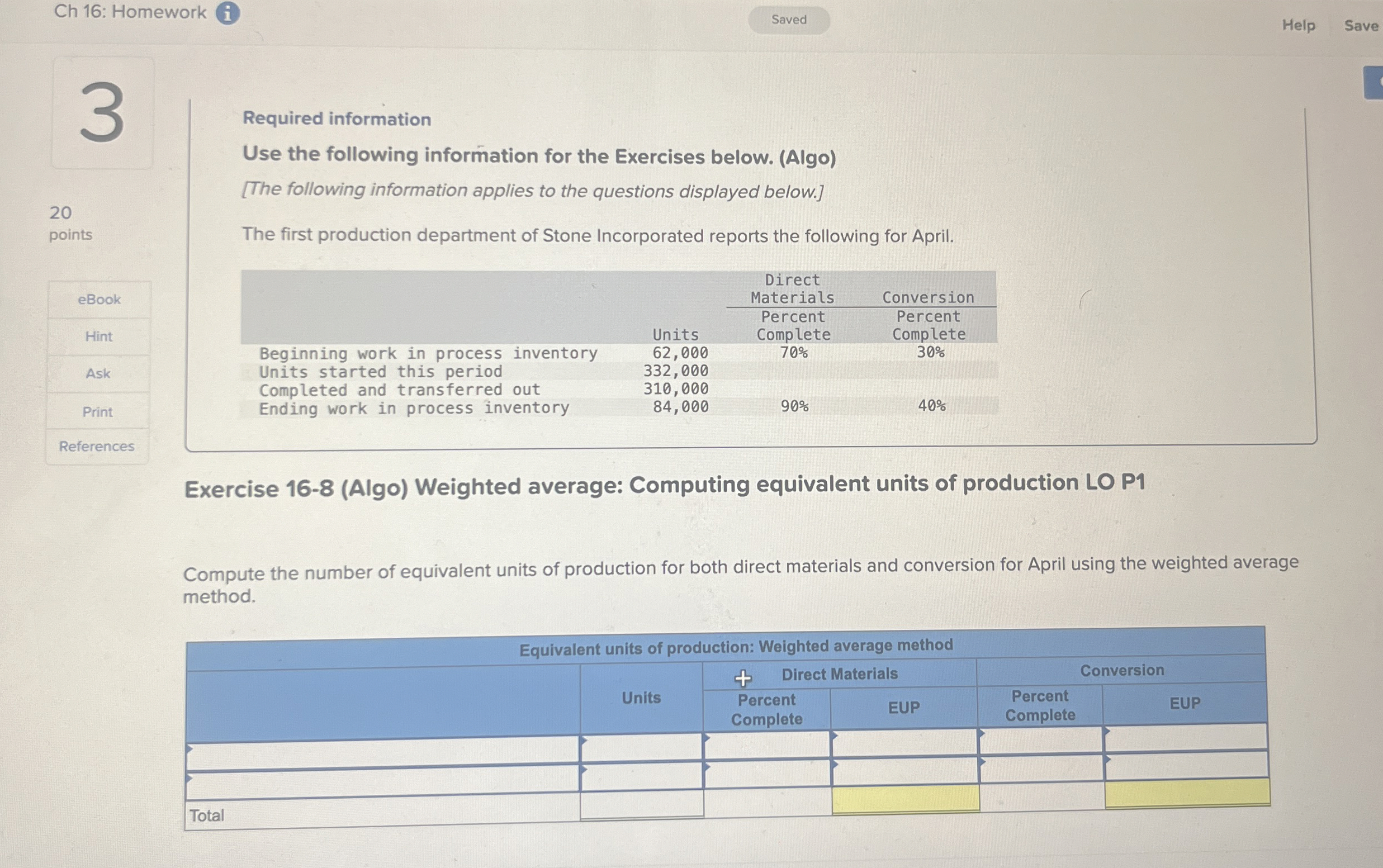  Ch 16: Homework i Help Save 3 3 20 points eBook