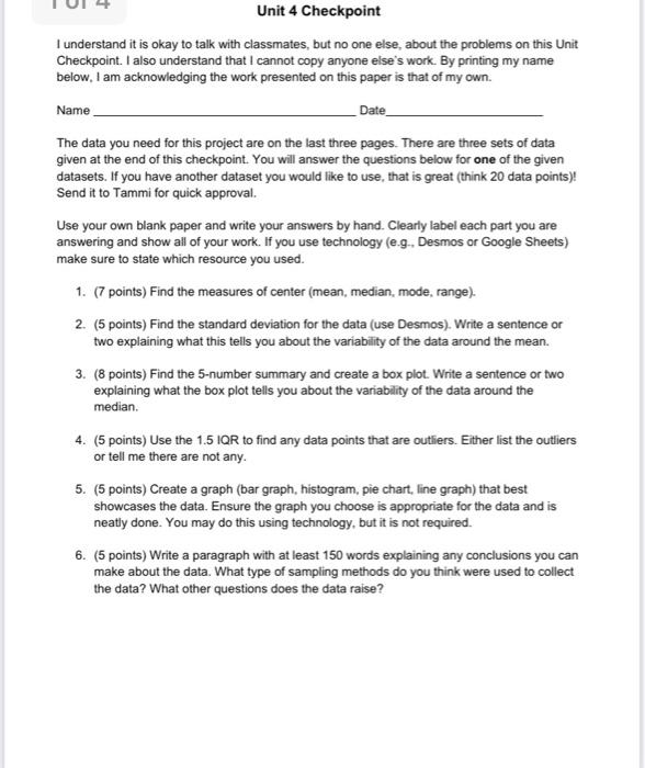 can you please answer sll and dhow work Unit 4 Checkpoint I