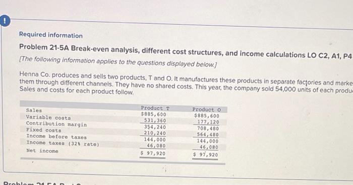 questions displayed below.) Henna Co. produces and sells two products, T and