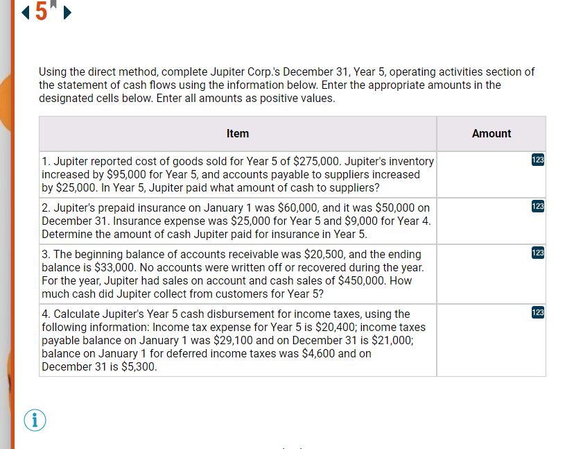 Using the direct method, complete Jupiter Corp.'s December 31, Year 5,