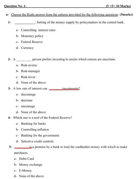  I want this solution Question No. 1: (5+5= 10 Marks) 1-