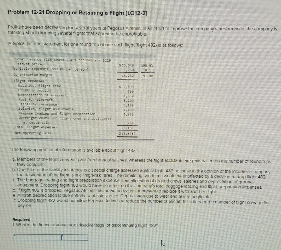  Problem 12-21 Dropping or Retaining a Flight (L012-2] Profits have been