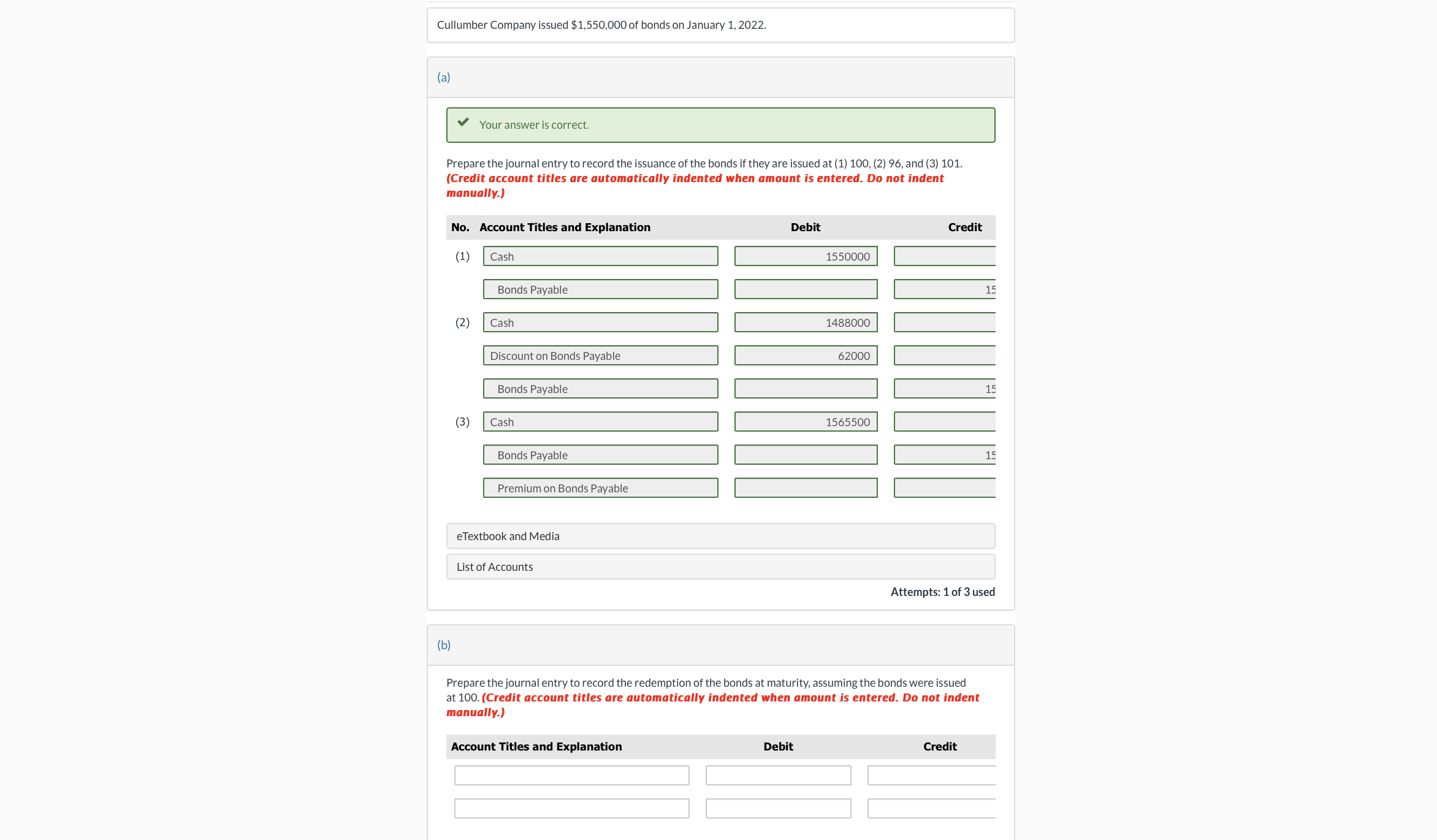  Cullumber Company issued $1,550,000 of bonds on January 1,2022. (a) Your
