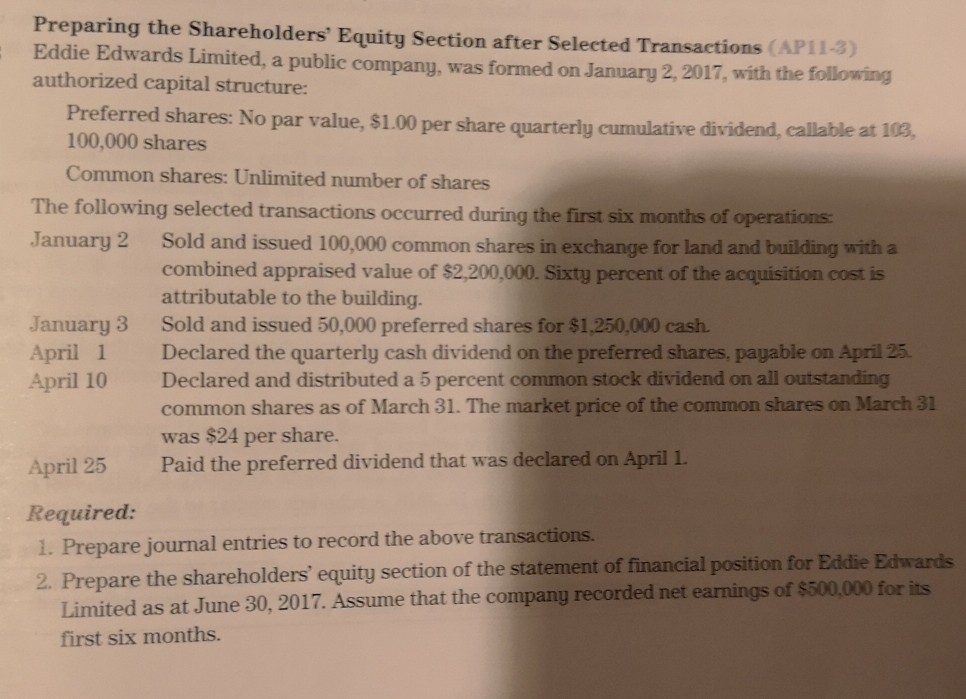 Preparing the Shareholders' Equity Section after Selected Transactions (AP11-3) Eddie Edwards