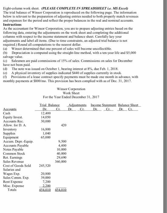  Eight-column work sheet. (PLEASE COMPLETE IN SPREADSHEET ie. MS Excel) The