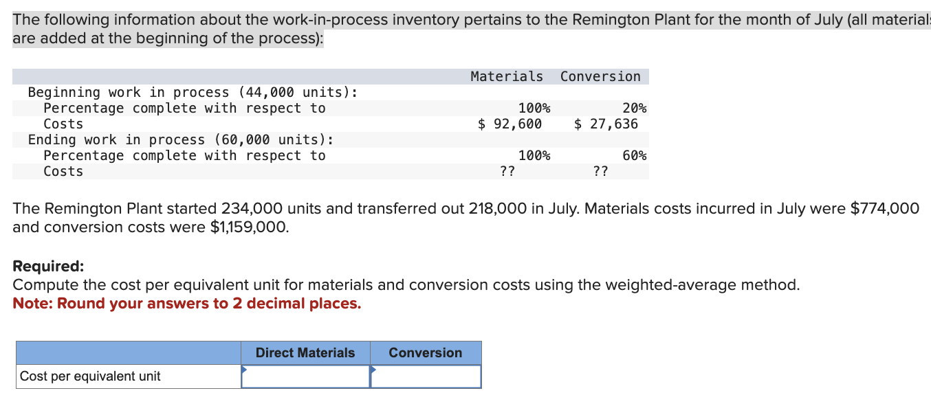  The following information about the work-in-process inventory pertains to the Remington