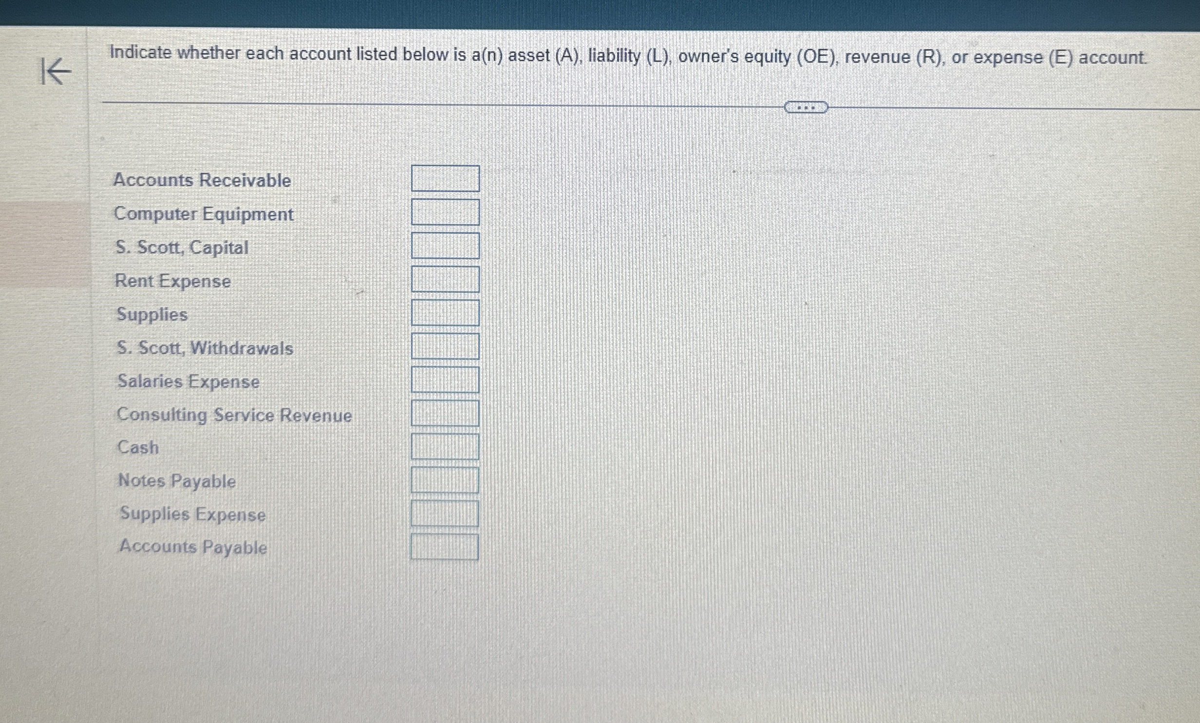  Indicate whether each account listed below is a(n) asset (A), liability