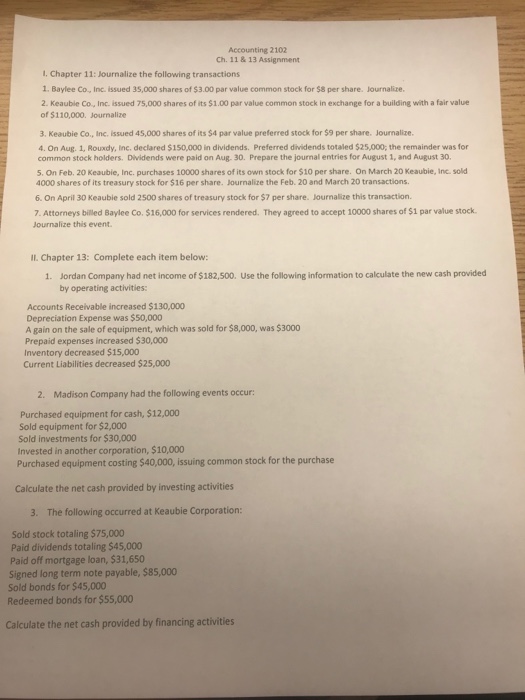  Accounting 2102 Ch. 11& 13 Assignment I. Chapter 11: Journalize the