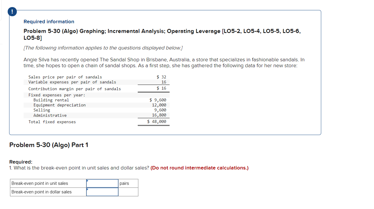  ! Required information Problem 5-30 (Algo) Graphing; Incremental Analysis; Operating Leverage