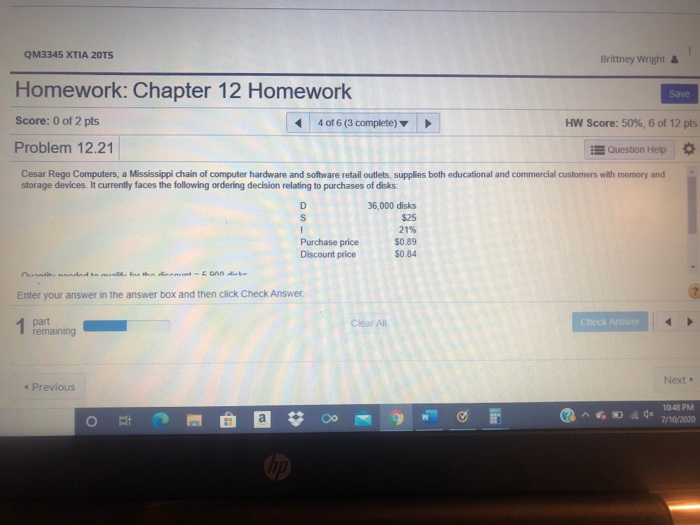  QM3345 XTIA 2015 Brittney Wright & Homework: Chapter 12 Homework Save