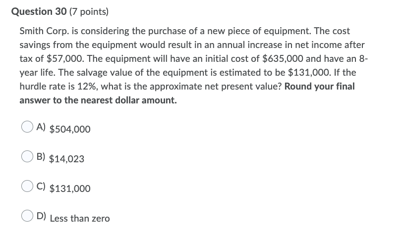 Question 30 (7 points) Smith Corp. is considering the purchase of