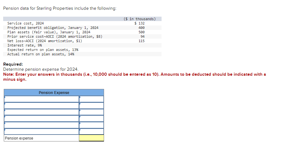  Pension data for Sterling Properties include the following: Required: Determine pension