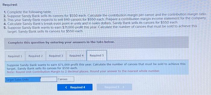 statement for the company. 4. Calculate Sandy Bank's break-even point in units