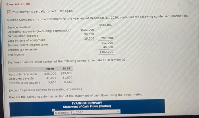  Exercise 23-05 Your answer is partially correct. Try again. Ivanhoe Company's