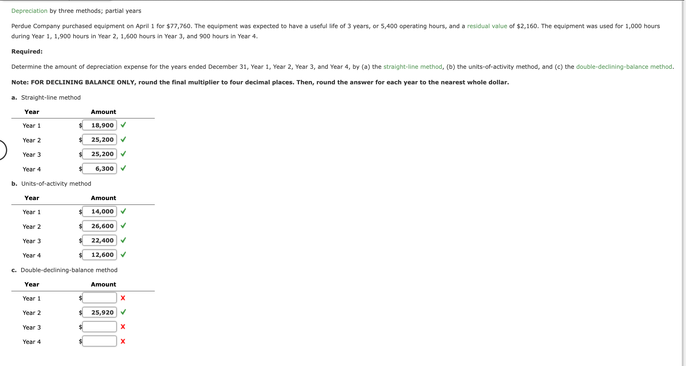  Depreciation by three methods; partial years during Year 1,1,900 hours in