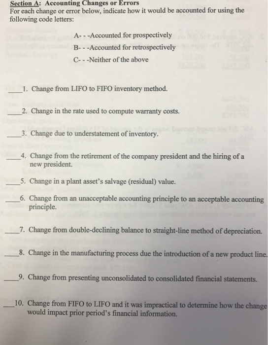  Section A: Accounting Changes or Errors For each change or error