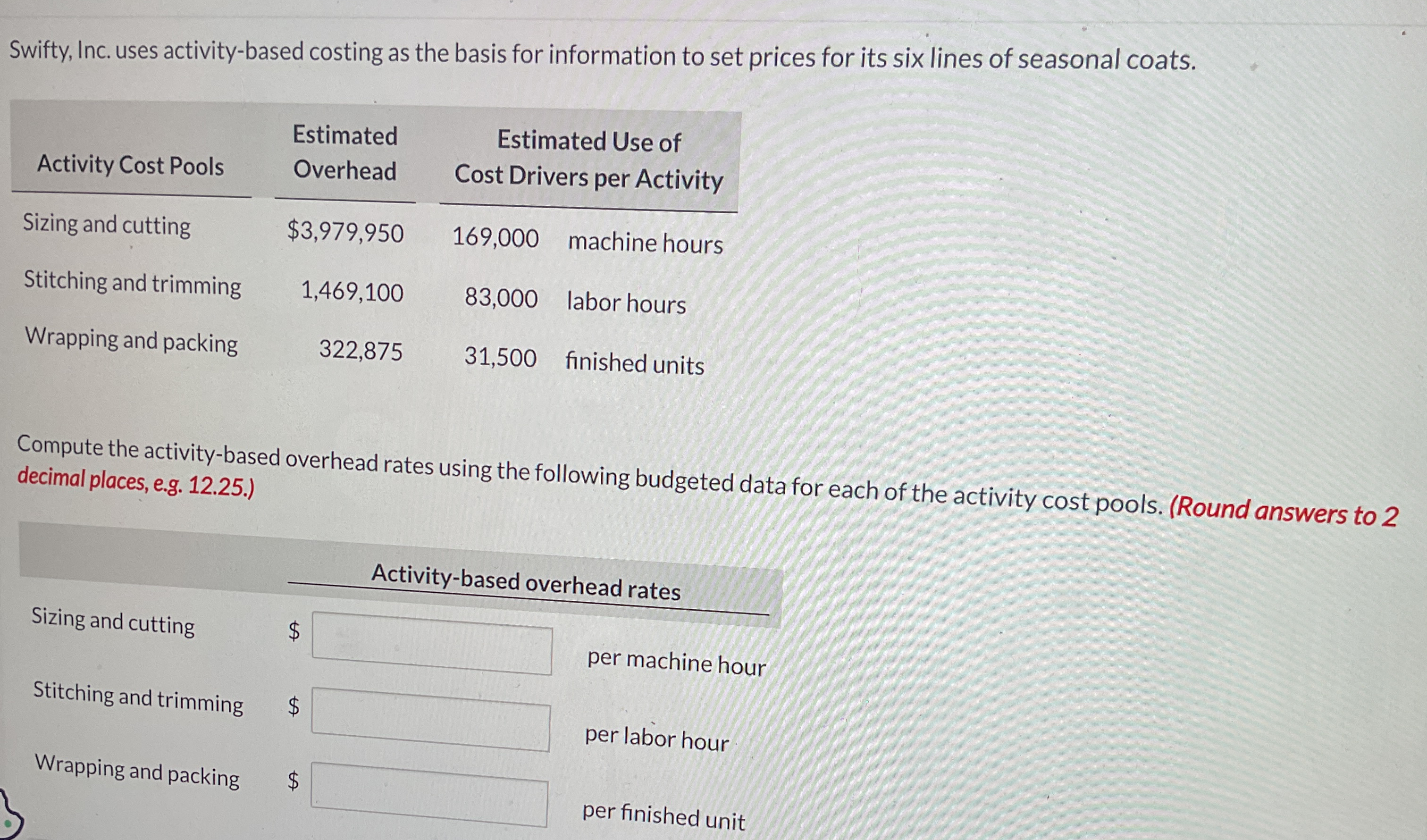  Swifty, Inc. uses activity-based costing as the basis for information to