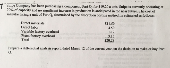  Managerial: differential analysis report T Snipe Company has been purchasing a