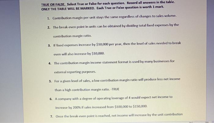  TRUE OR FALSE. Select True or False for each question. Record