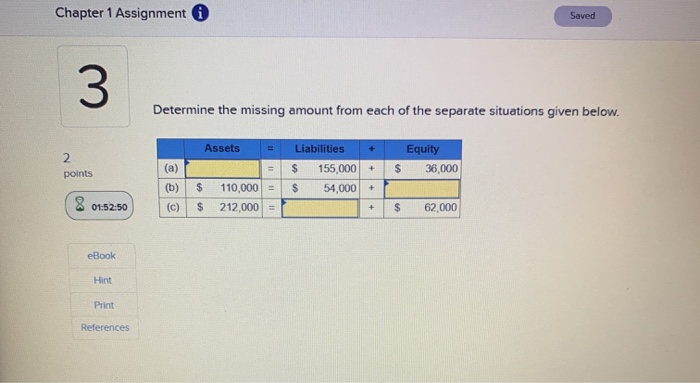  Chapter 1 Assignment Saved 3 Determine the missing amount from each