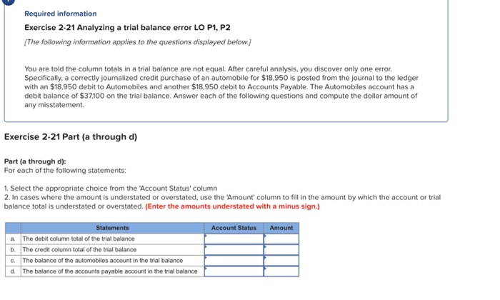  Required information Exercise 2-21 Analyzing a trial balance error LO P1,