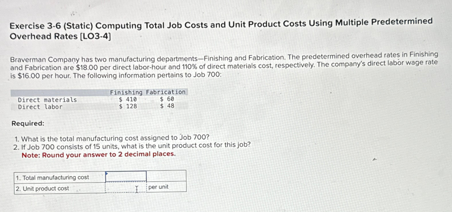  Exercise 3-6(Static) Computing Total Job Costs and Unit Product Costs Using