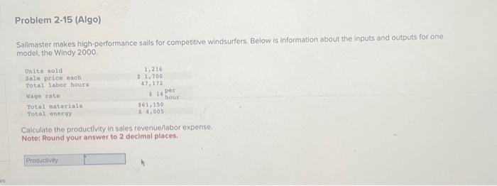  es Problem 2-15 (Algo) Sailmaster makes high-performance sails for competitive windsurfers.