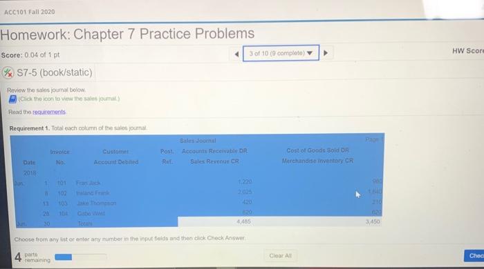  ACC101 Fall 2020 HW Score Homework: Chapter 7 Practice Problems Score: