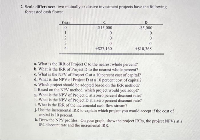 show work please 2. Scale differences: two mutually exclusive investment projects have