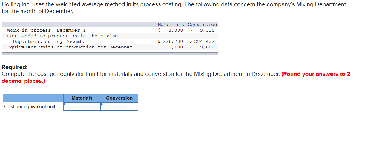 Holling Inc. uses the weighted-average method in its process costing. The following