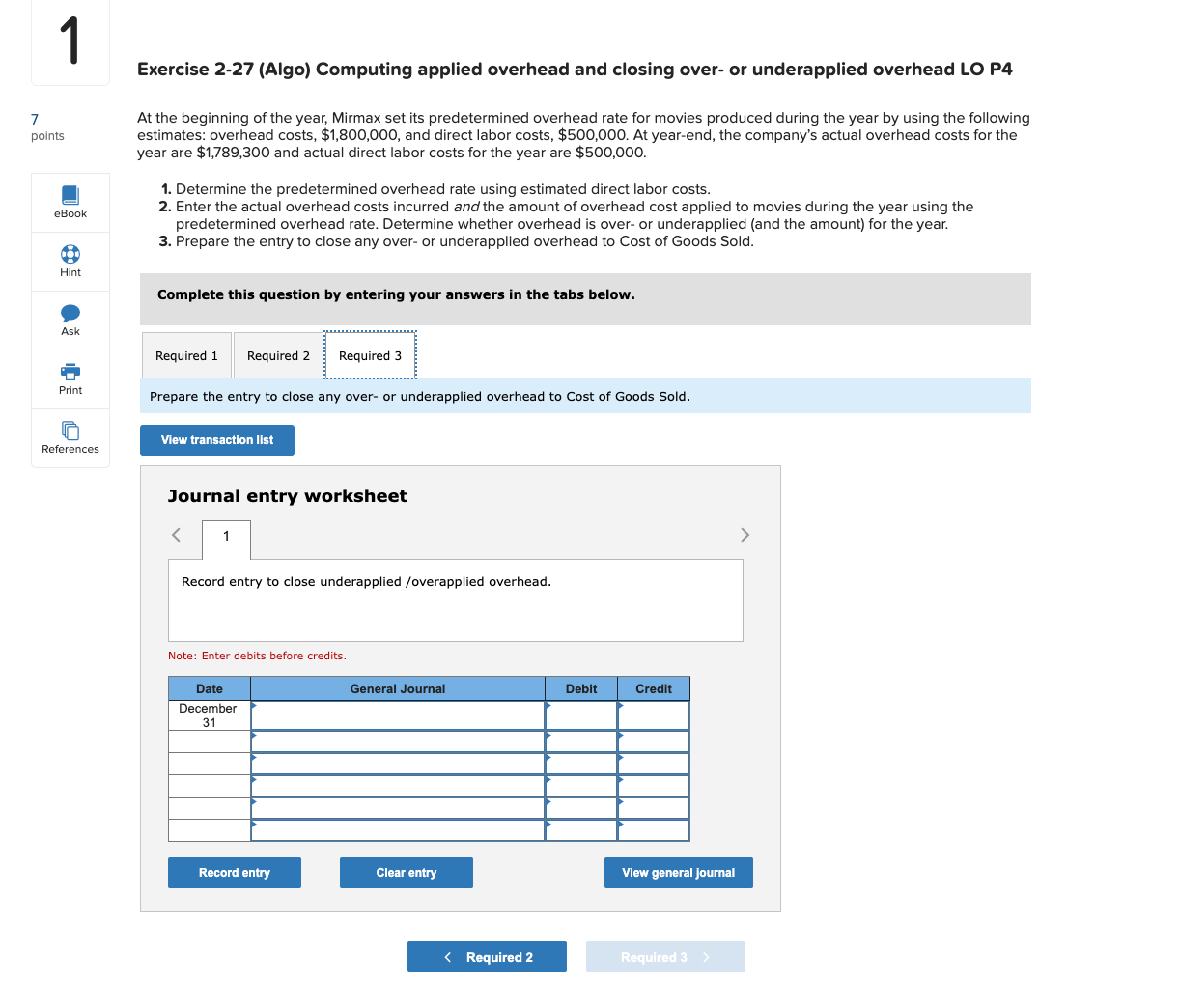  Exercise 2-27 (Algo) Computing applied overhead and closing over- or underapplied