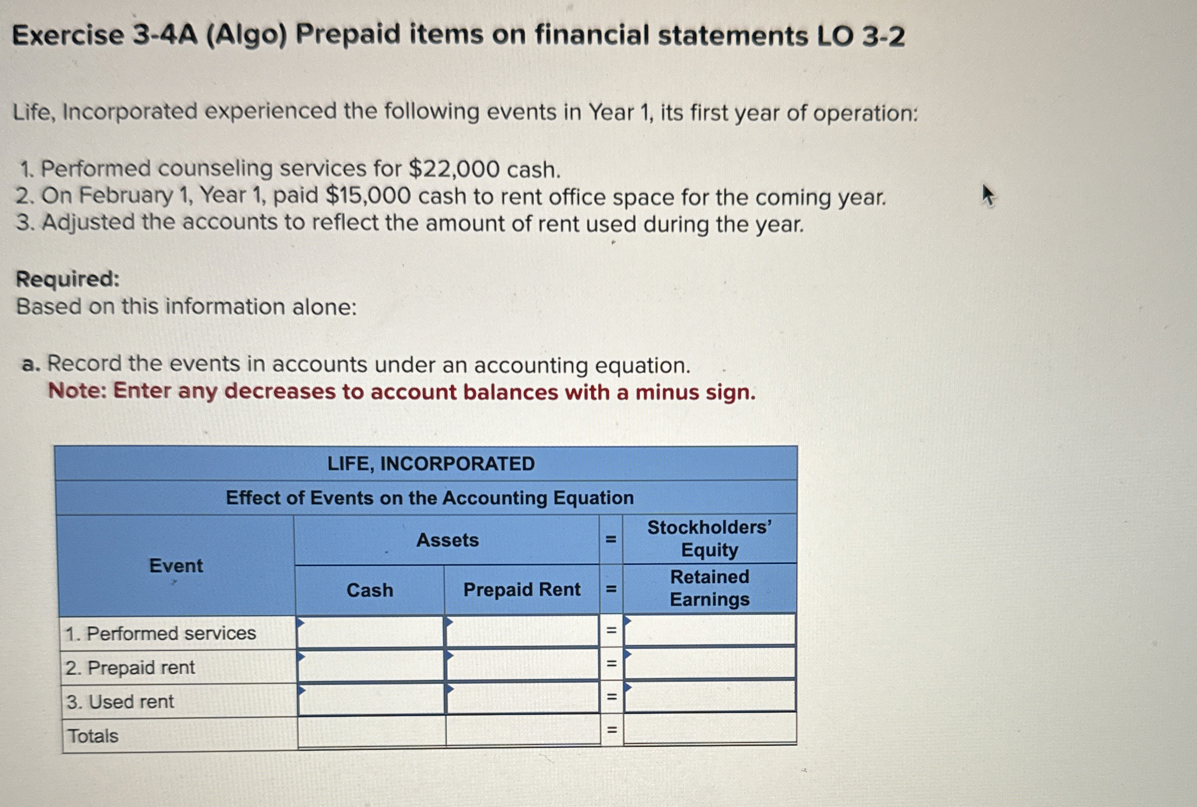  Exercise 3-4A (Algo) Prepaid items on financial statements LO 3-2 Life,
