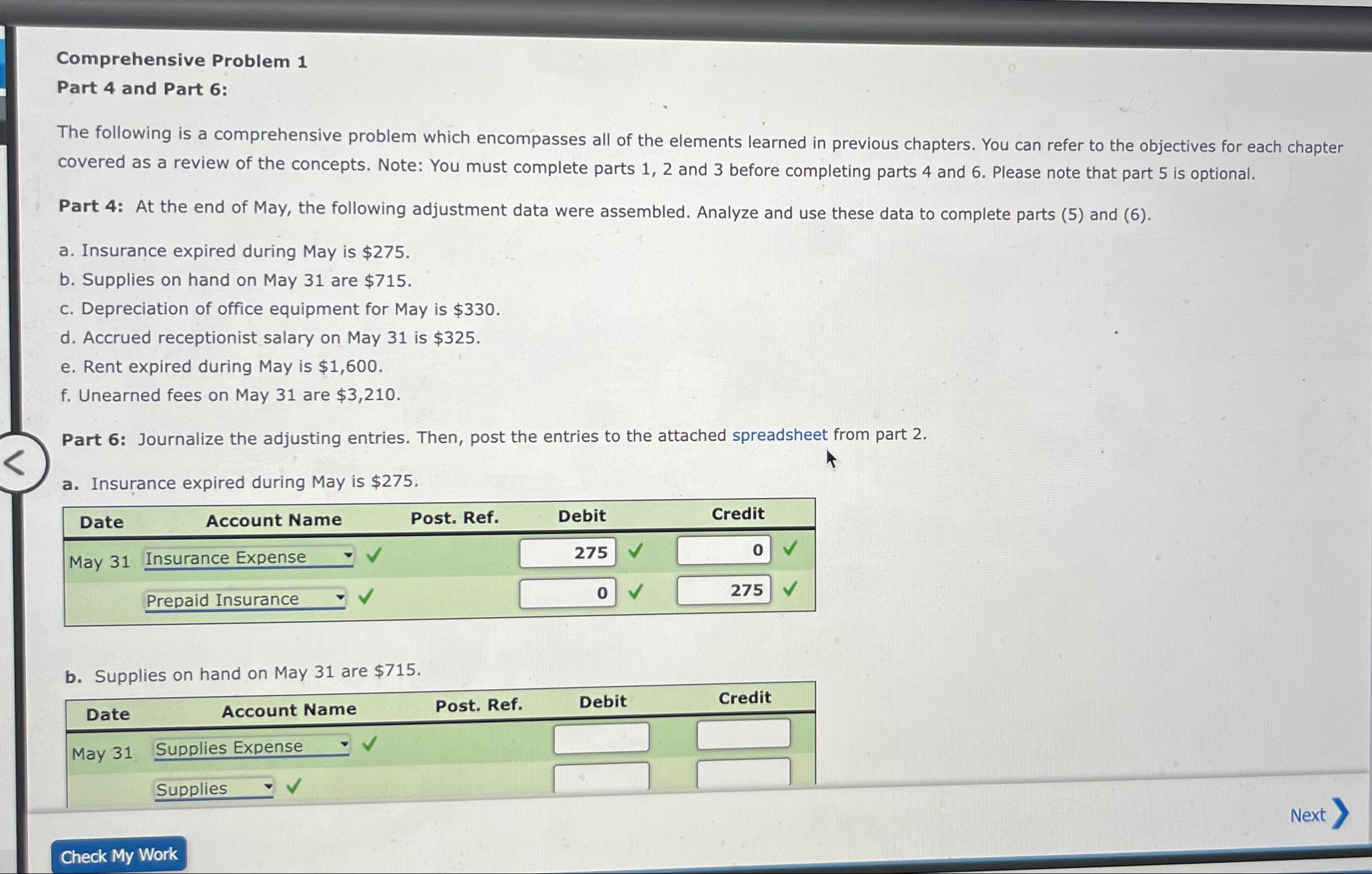  Comprehensive Problem 1 Part 4 and Part 6: The following is